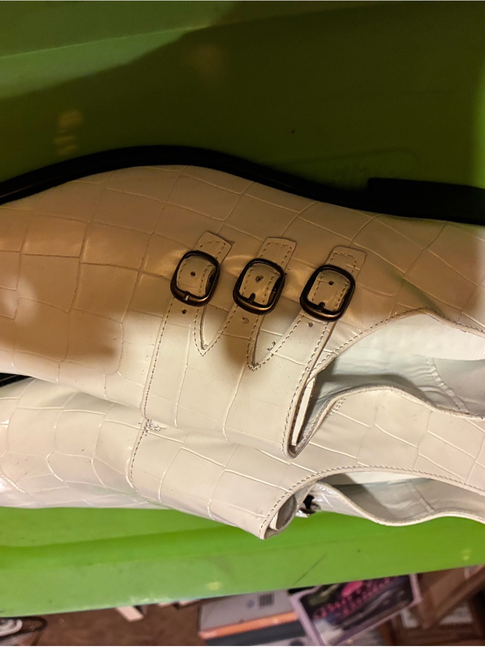Source Unknown White Croc-Embossed Triple Monk Strap Oxfords